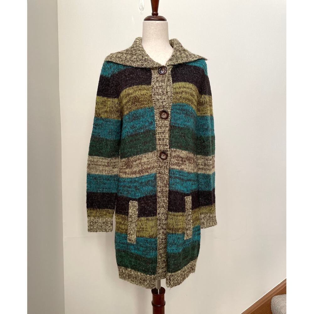 y2k JohnPaulRichard Striped Cardigan Sweater Womens L Green Button-Front Duster - Picture 3 of 16